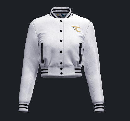 White varsity jacket with black accents on a black background