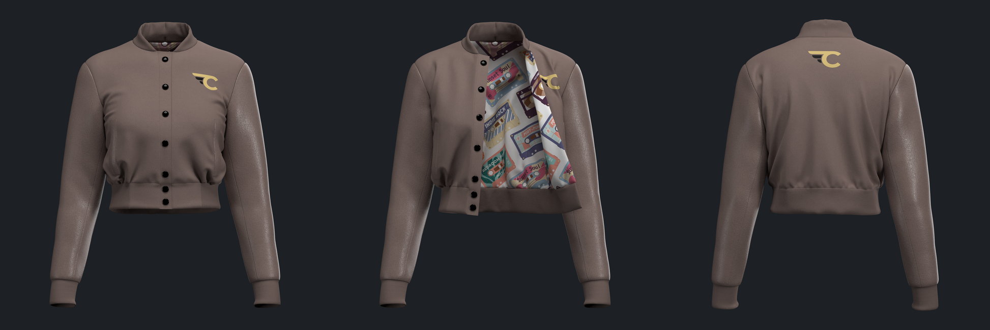 Brown bomber jacket with colorful graphic design on a black background