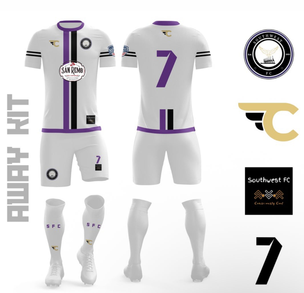 White sports kit with purple and black accents, featuring logos and text on a white background.
