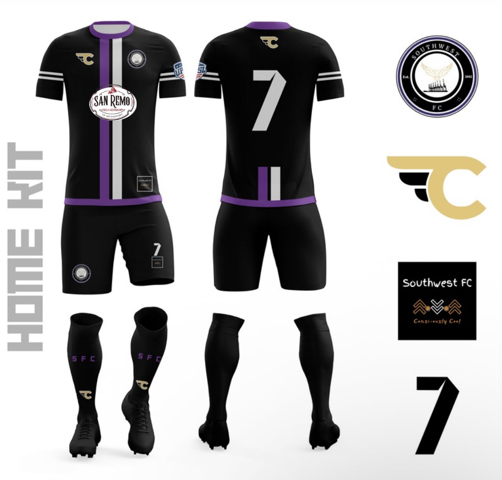 Black sports kit with logos and branding on a white background