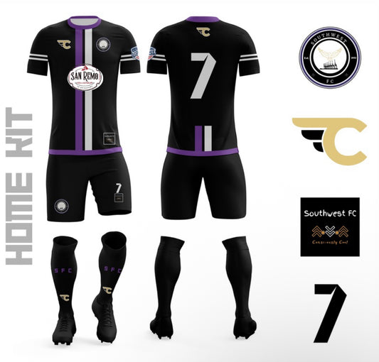 Black sports kit with logos and branding on a white background