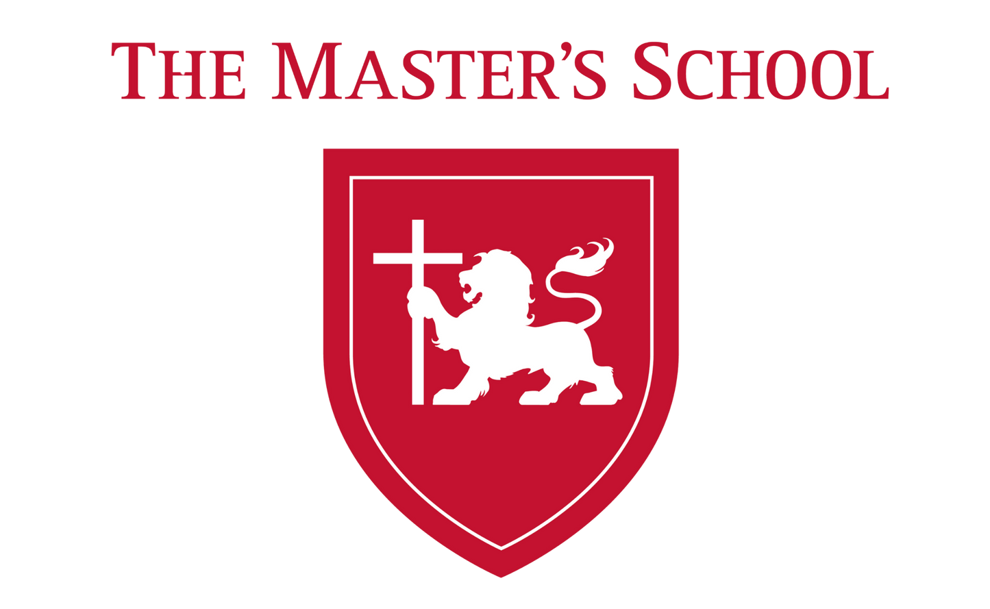 Logo of The Master's School with a red shield featuring a lion and cross on a white background.