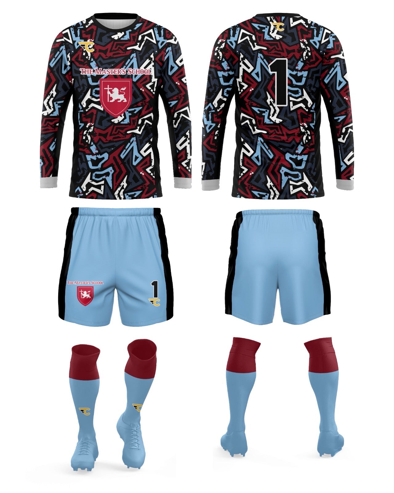 Soccer goalkeeper uniform with patterned top, light blue shorts, and socks on a white background