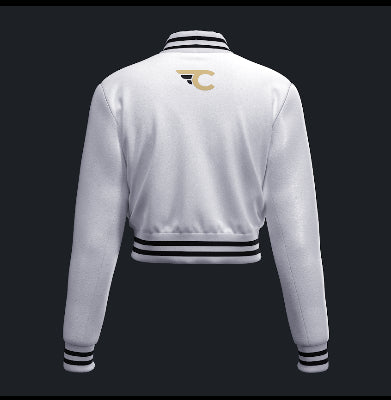 The back view of White varsity jacket with black accents on a black background